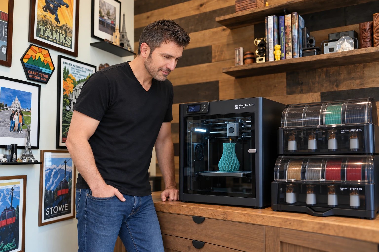 Josh Martín watching a vase print on his Bambu Lab 3D printer, travel posters on the wall behind him